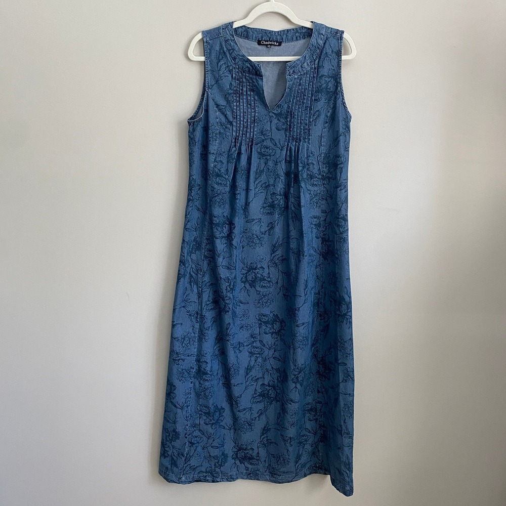 Chadwicks Floral Denim Maxi Dress Jumper Petite Small Modest Lyocell Country